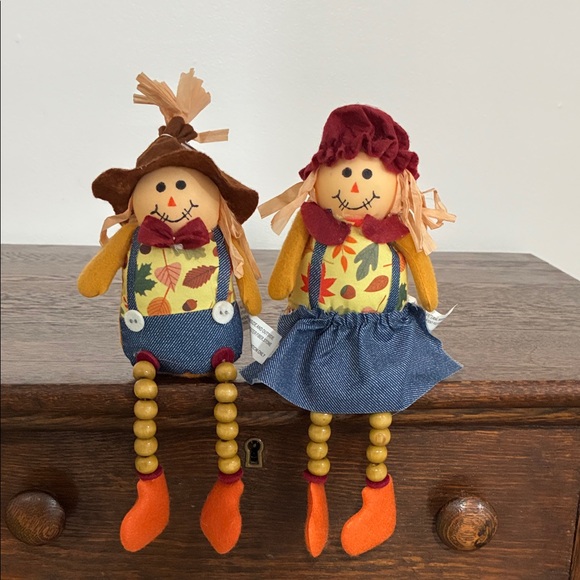 NWT- Set of 2- Fall Harvest Autumn Scarecrow Shelf Sitters w/ Dangling Legs - Picture 1 of 17